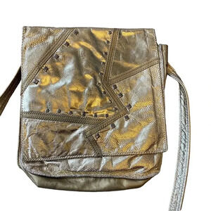 VTG 80s Bags By Pinky Genuine Leather Crossbody Purse Gold Silver Studded Retro